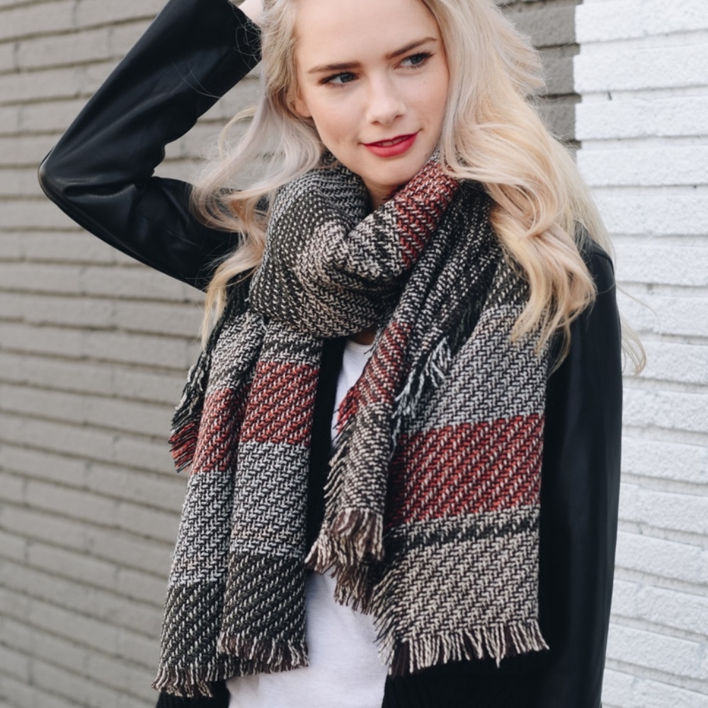 Rust Red and Brown Basketweave Frayer Scarf